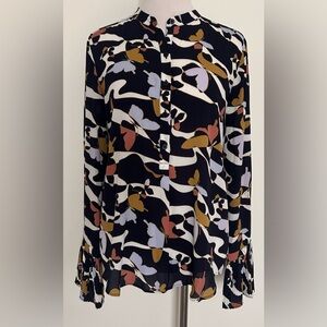 ANN TAYLOR Navy Butterfly Print Blouse with Bell Sleeves ~ Size XS